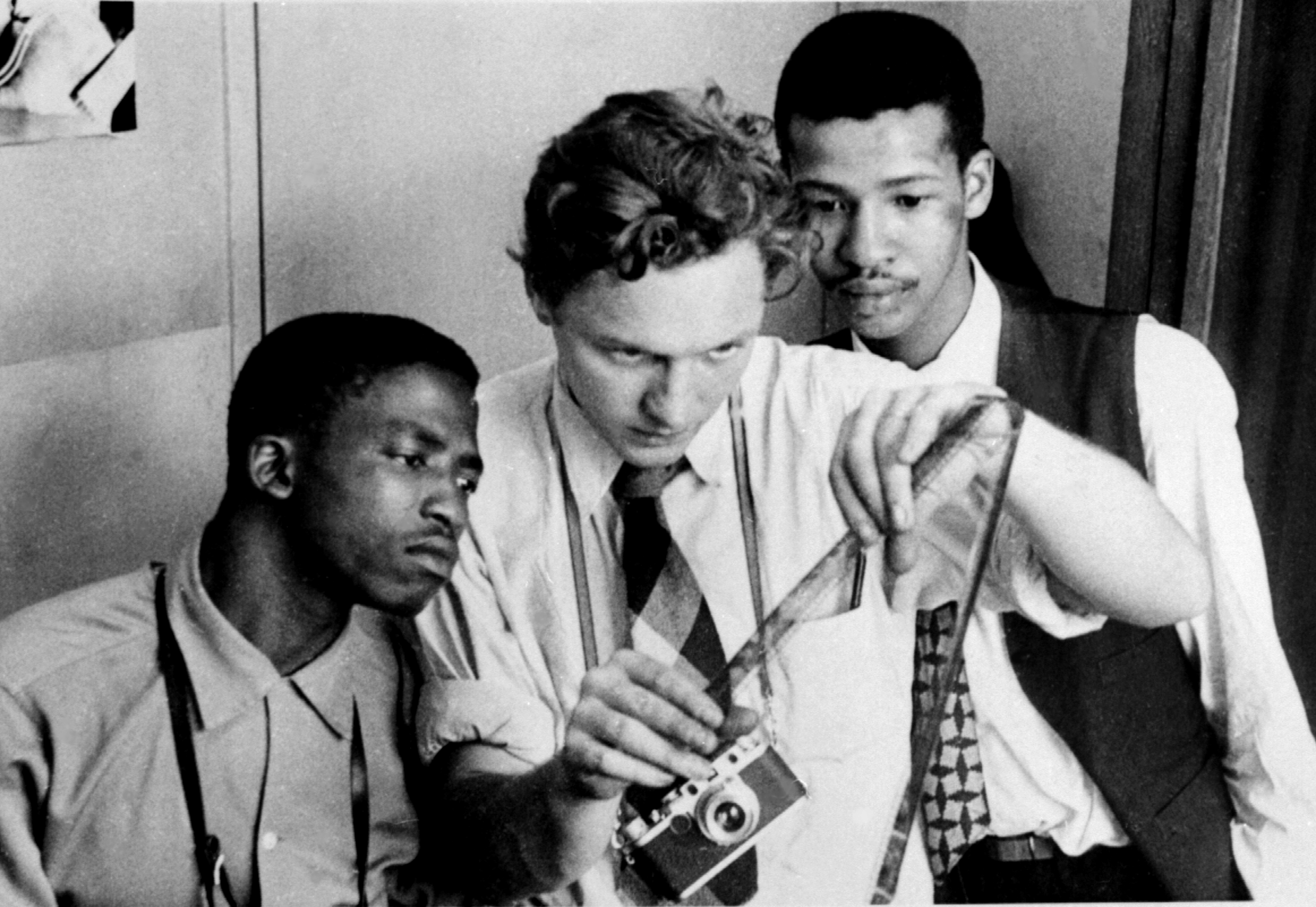 Jürgen and his Drum trainees - Peter Magubane (left), Bob Gosani (right), 1956, Photograph courtesy of the Jürgen Schadeberg estate.