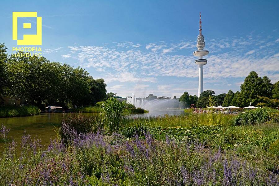 PHOTOPIA Hamburg 2021 Grüner Leitfaden zur Nachhaltigkeit Blick in den hamburger Park Planten un Blomen, im Hintergrund der Fernsehturm